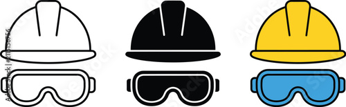 Construction safety gear with hard hats and goggles in various colors