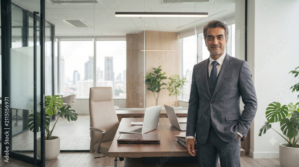 Fototapeta premium Professional Corporate Executive Smiling Confidently After Successful Strategic Business Decision