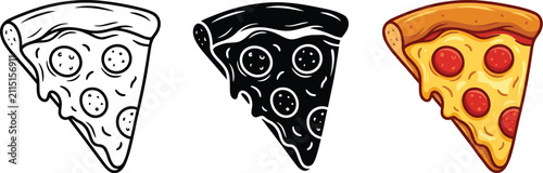 Three slices of pizza in different illustration styles on white background