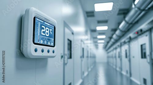Cold storage facility with temperature monitoring system for pharmaceutical preservation technology under clean clinical lighting in a wide shot