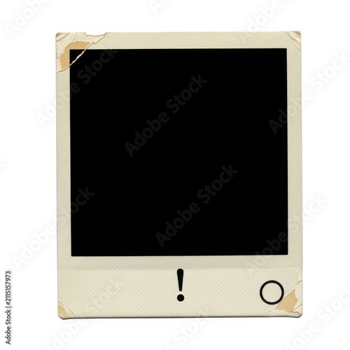 Vintage instant photo frame with exclamation mark, aged retro polaroid border on white background, antique film photography mockup for scrapbooking