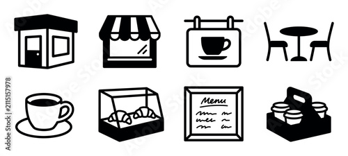 Set of black coffee shop icons showing a storefront, menu, takeaway drinks, and furniture in a simple minimalist glyph style for graphic design and user interface