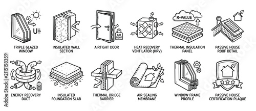 Set of twelve passive house construction icons illustrating energy-efficient building elements like triple glazed windows, thermal insulation, and heat recovery ventilators in a line art style