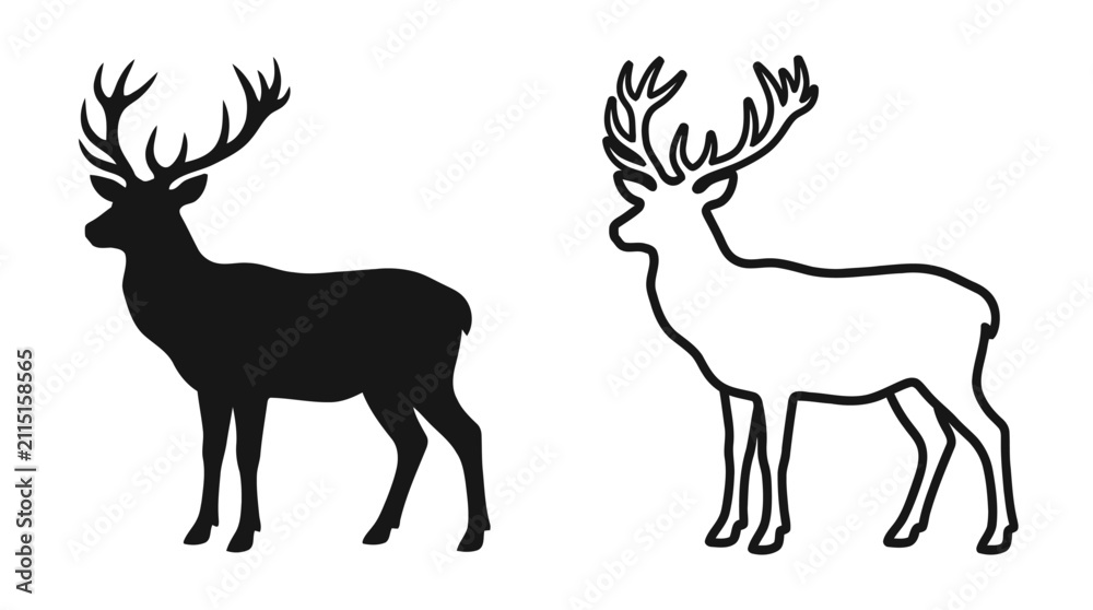 Naklejka premium Deer Silhouette And Outline Black And White Graphic