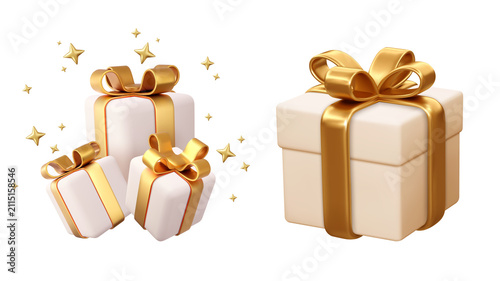 Set of Gift Box with Gold Ribbon and Bow Isolated for Christmas Birthday Holiday Celebration Anniversary and Valentine's Day Present Wrapping Decoration