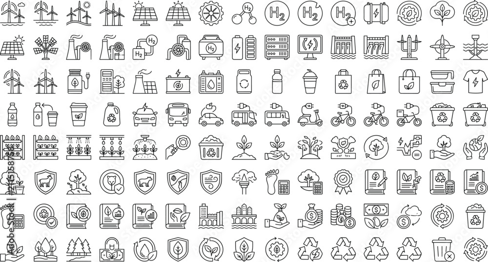 Fototapeta premium Comprehensive ecology, green energy, recycling, and sustainability outline icon set for eco-friendly designs
