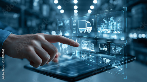 Faceless hand uses digital logistics interface to track cold chain delivery in a modern warehouse under cool blue lighting, futuristic technology