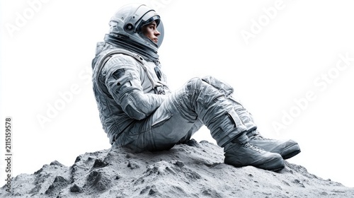 Lone explorer contemplates the universe from distant moonscape