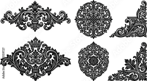 Baroque and rococo style ornate floral scrollwork and filigree elements