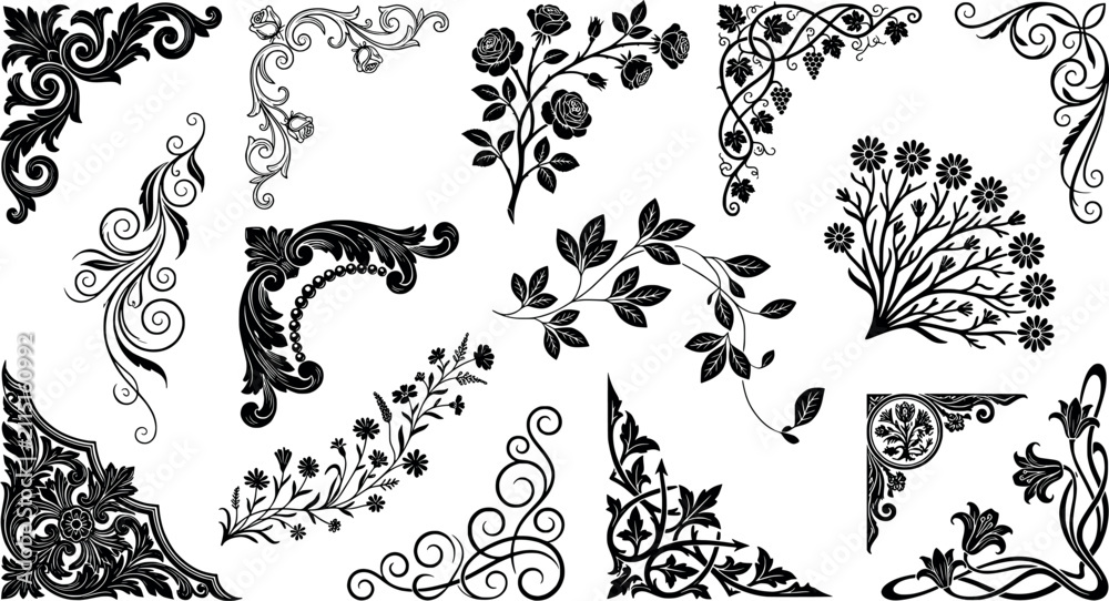 Fototapeta premium Collection of vintage floral corners and decorative design elements