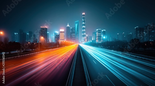 Modern city skyline at night with light trails from fast-moving traffic on highway