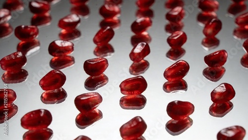 Vibrant Red Pomegranate Seeds Arranged on Reflective Surface