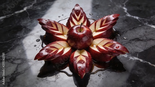 Gourmet Fruit Art Fresh Carved Red Apple Blossom on Elegant Dark Marble