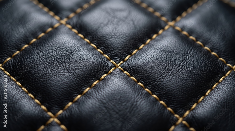 Obraz premium Close up quilted black leather upholstery with detailed contrasting yellow stitching, textured surface, luxury interior material, sewn pattern and tactile finish
