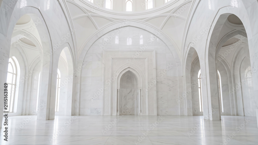 Fototapeta premium Minimalist white marble mosque interior featuring soaring arches, soft natural lighting, and peaceful architectural harmony.