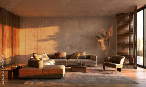 Taupe sectional in a warm minimalist living room with wood slat shutters