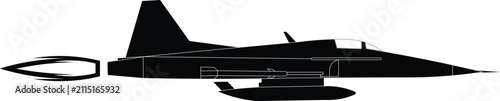 Photography Side view black silhouette vector of a Northrop F-5E Tiger II jet with an afterburner flame trail