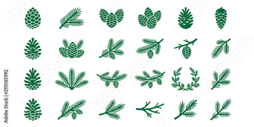 Canvastavla Set of green pine cone and evergreen tree branch silhouettes with pinecone everg