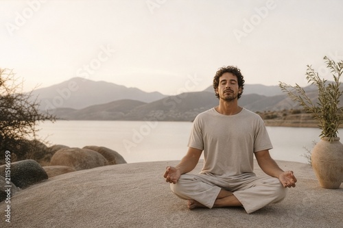 young man meditating dressed in comfortable, neutral-toned loungewear