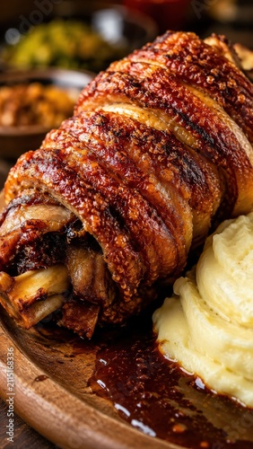 Obraz na płótnie Roasted pork knuckle with mashed potatoes and gravy