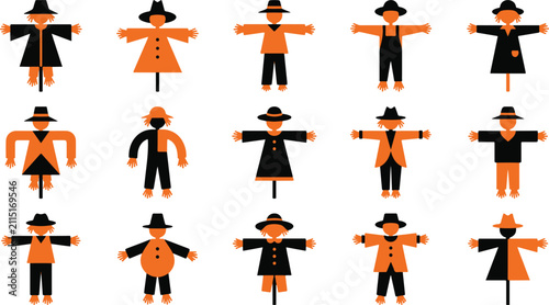 Set of cute cartoon halloween scarecrow characters isolated on white background for festive seasonal decoration design