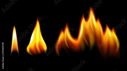 Fire flames set candle bonfire blaze realistic. Hot orange yellow glow energy effect vector art. Food advertising spice heat cosmetic beauty medicine pharmaceutical poster banner packaging label brand