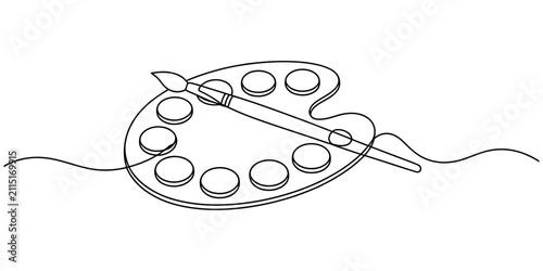 Continuous single line drawing of an artist paint palette with a brush