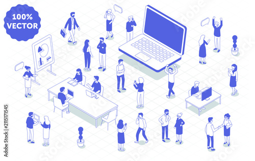 Isometric office teamwork scene with business people, giant laptop, desks, presentation board and workplace activities. Blue vector illustration.