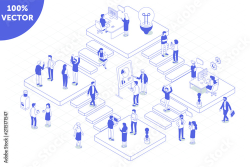 Isometric business workflow concept with office people working on layered platforms, computers, presentation chart and creative light bulb.