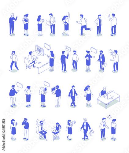 Business people in various office poses, communication scenes and professional activities. Blue outline vector character collection isolated on white background.
