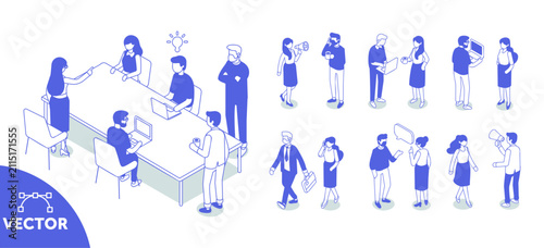 Isometric business meeting with office team around a conference table and separate professional characters using laptops, phones and megaphones.