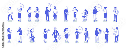 Isometric Business people communicating, working with laptops and phones, walking and making announcements. Blue outline vector character set isolated on white.