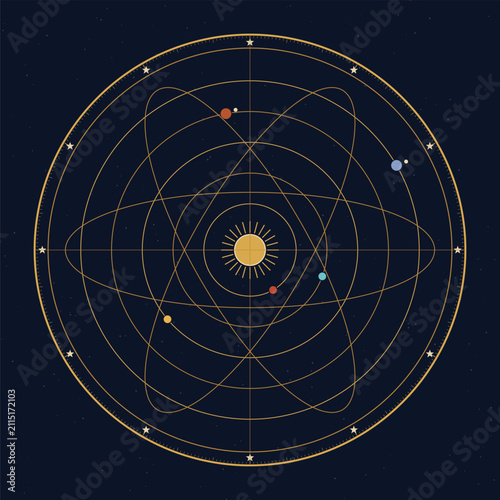Celestial orrery astrolabe with brass zodiac ring orbiting planets and armillary sphere on starry night, antique astronomy instrument vector for mystical poster and science design