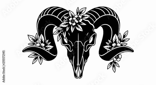 Black and white ram skull illustration adorned with decorative floral elements in traditional tattoo style