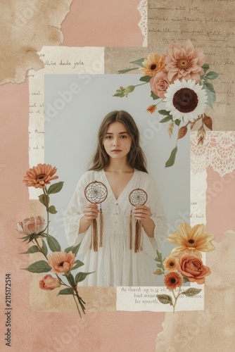 A vintage-style collage featuring a girl holding a dreamcatcher against a sky background, framed by scraps of paper with text and pink flowers.