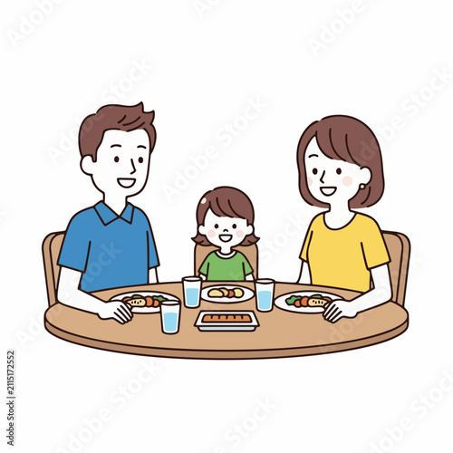 Happy Family Enjoying a Meal Together Around a Round Table with Food and Drinks