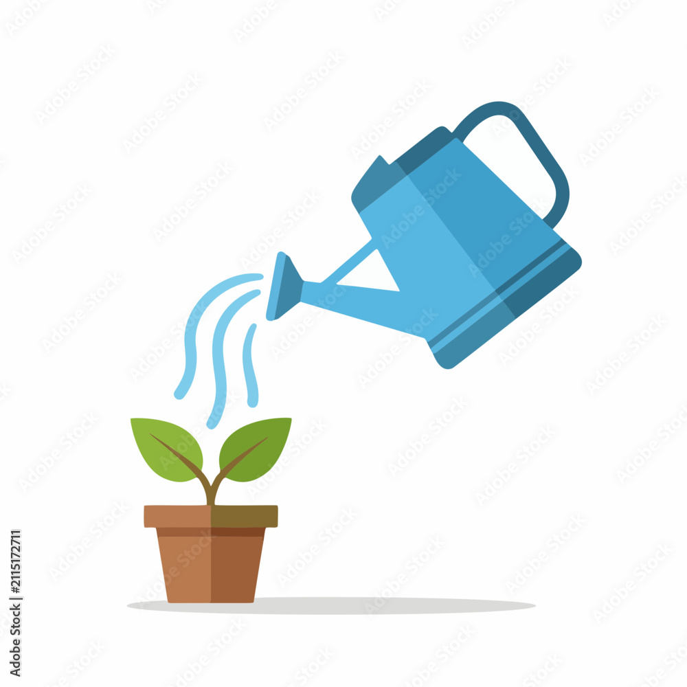 Obraz premium Blue watering can pouring water onto a small green plant growing in a brown pot, symbolizing growth and care