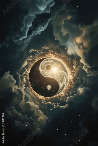 A yin-yang symbol in the center of a cosmic galaxy, twisting into a golden-black spiral of stars and space dust.
