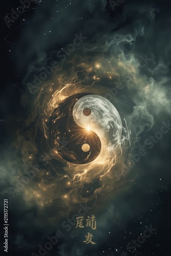 A yin-yang symbol in the center of a cosmic galaxy, twisting into a golden-black spiral of stars and space dust.