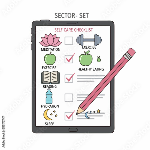 Digital Self Care Checklist on Tablet Screen with Icons for Meditation Exercise Reading Sleep and Healthy Living