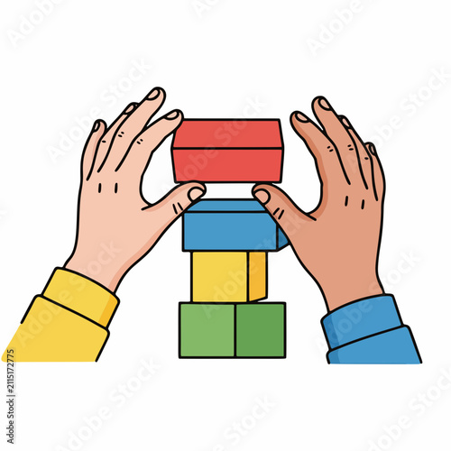 Two Hands Carefully Stacking Colorful Building Blocks to Create a Tall Tower on a White Background