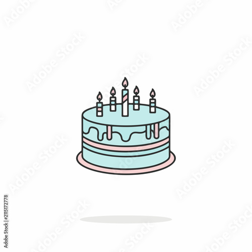 Simple cartoon illustration of a light blue birthday cake with lit candles and dripping icing on a white background