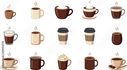 Set of various hot chocolate drinks in different mugs and cups with whipped cream and cocoa powder flat vector icons