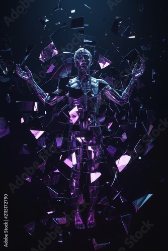A dark futuristic figure of a man, which seems to float or fall through a web of broken mirror shards in purple neon light.