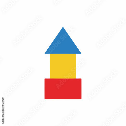Simple geometric building blocks stacked to form a house shape with a blue triangle roof on a white background
