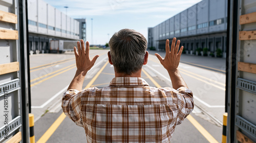 Rear view of truck driver hands checking cargo before departure at a bright outdoor loading bay under clear sky natural daylight