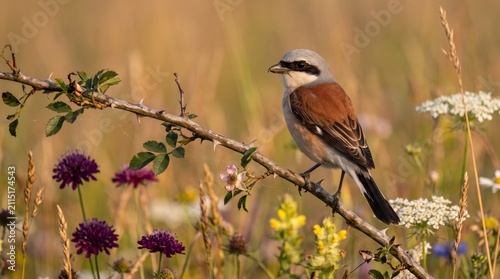 red-backed shrike (lanius collurio) perched on thorny branch in wildflower meadow
