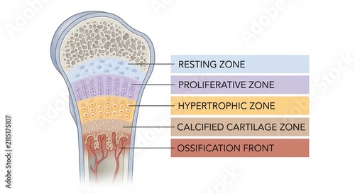 Cross section of a long bone showing the epiphyseal plate and various zones of bone development.
