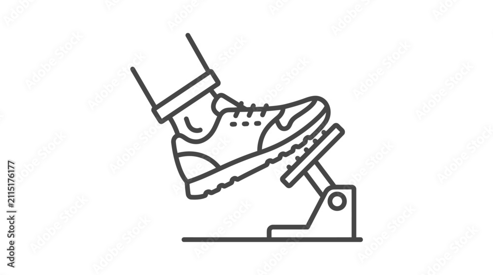 Obraz premium Minimalist vector graphic illustration showing a human foot pressing down on a mechanical car gas pedal