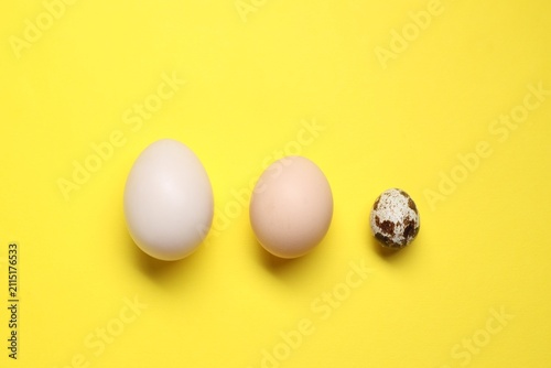 Different eggs on yellow background, flat lay